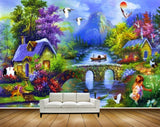 Avikalp MWZ2933 Sun Mounatins Birds Boat House Flowers Trees Bridge River Lake Pond Water Cranes Deers Kid Grass Plants Ducks Painting HD Wallpaper