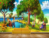 Avikalp MWZ2936 Trees Fruits Sky Deers Flowers People Horse Lake River Water Grass Plants Birds Clouds Painting HD Wallpaper