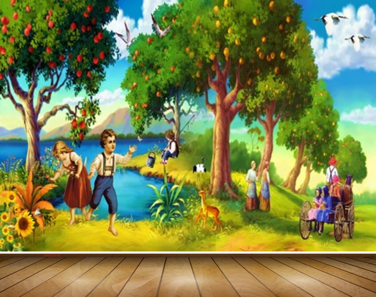 Avikalp MWZ2936 Trees Fruits Sky Deers Flowers People Horse Lake River Water Grass Plants Birds Clouds Painting HD Wallpaper