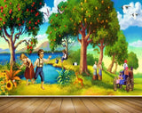 Avikalp MWZ2936 Trees Fruits Sky Deers Flowers People Horse Lake River Water Grass Plants Birds Clouds Painting HD Wallpaper
