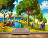 Avikalp MWZ2936 Trees Fruits Sky Deers Flowers People Horse Lake River Water Grass Plants Birds Clouds Painting HD Wallpaper