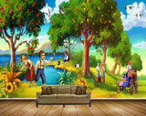 Avikalp MWZ2936 Trees Fruits Sky Deers Flowers People Horse Lake River Water Grass Plants Birds Clouds Painting HD Wallpaper