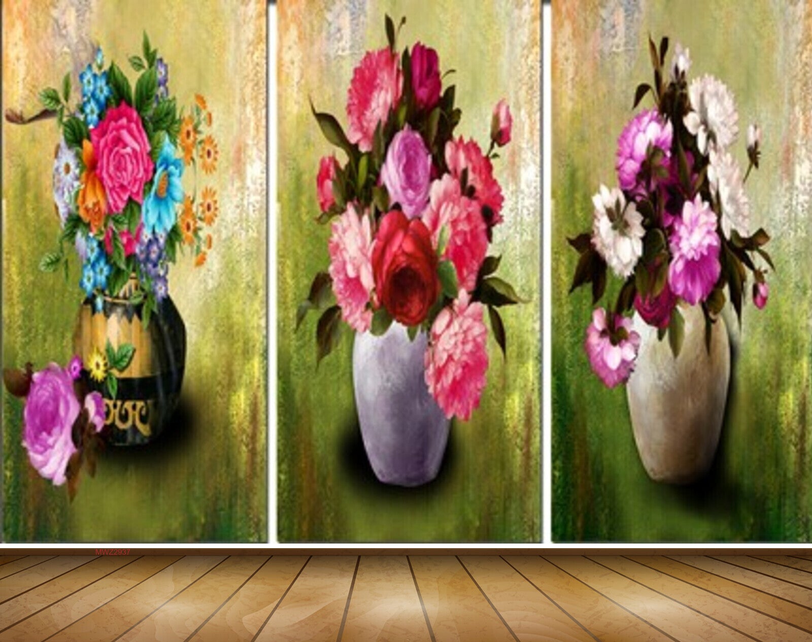 Avikalp MWZ2937 Pink White Blue Flowers Leaves Flowerpot Painting HD Wallpaper