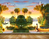 Avikalp MWZ2940 Trees Birds River Lake Water Sunflowers Boats Clouds Deer Ducks Painting HD Wallpaper