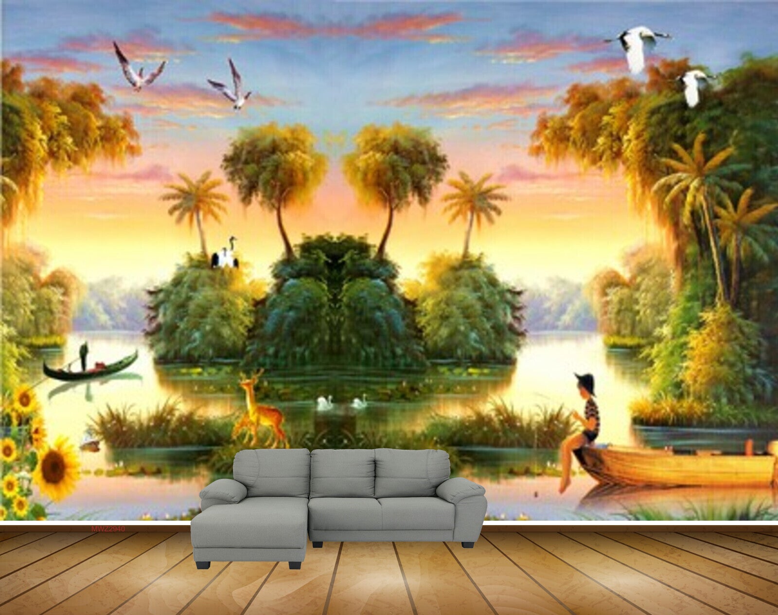 Avikalp MWZ2940 Trees Birds River Lake Water Sunflowers Boats Clouds Deer Ducks Painting HD Wallpaper