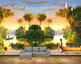 Avikalp MWZ2940 Trees Birds River Lake Water Sunflowers Boats Clouds Deer Ducks Painting HD Wallpaper