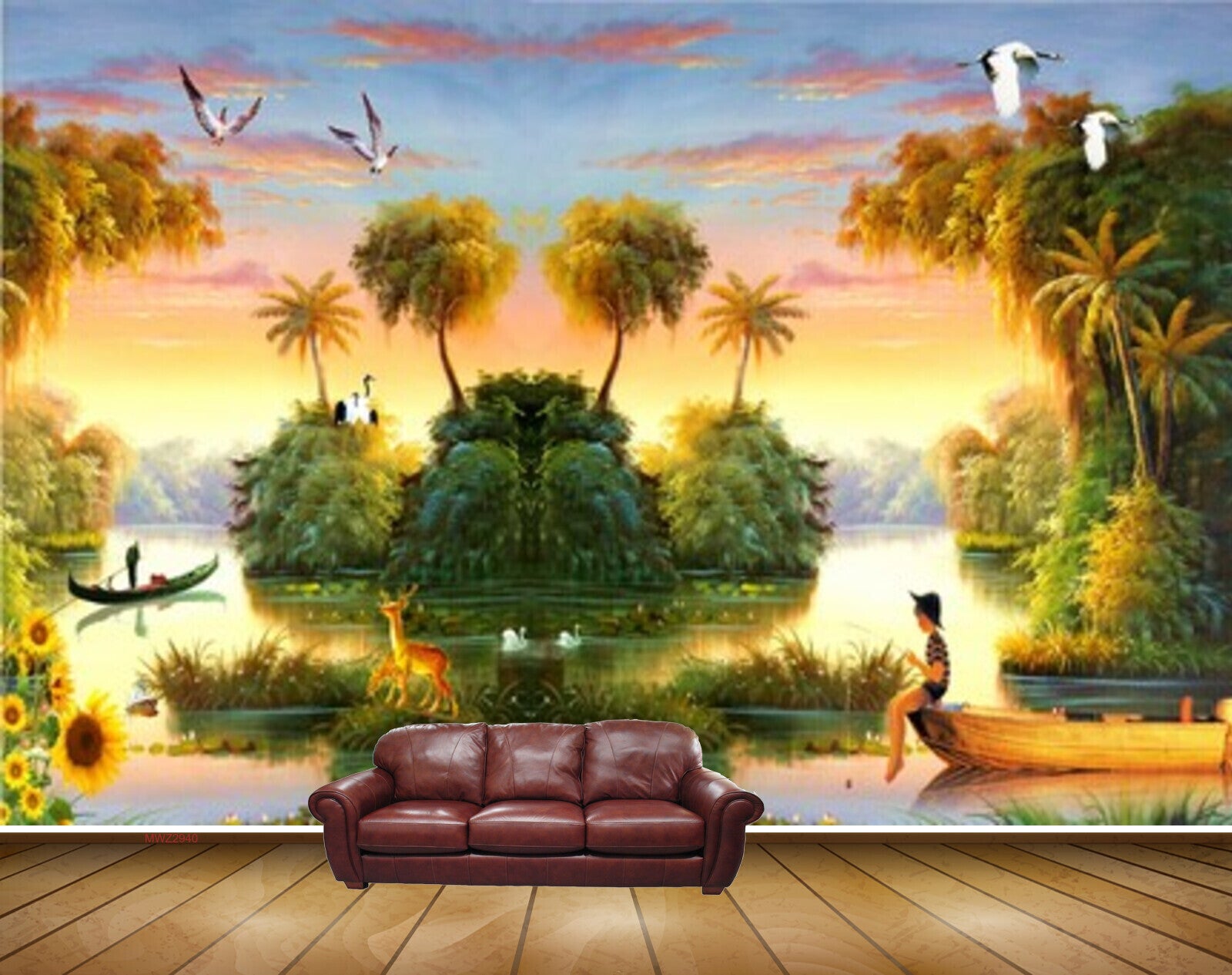 Avikalp MWZ2940 Trees Birds River Lake Water Sunflowers Boats Clouds Deer Ducks Painting HD Wallpaper