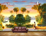 Avikalp MWZ2940 Trees Birds River Lake Water Sunflowers Boats Clouds Deer Ducks Painting HD Wallpaper