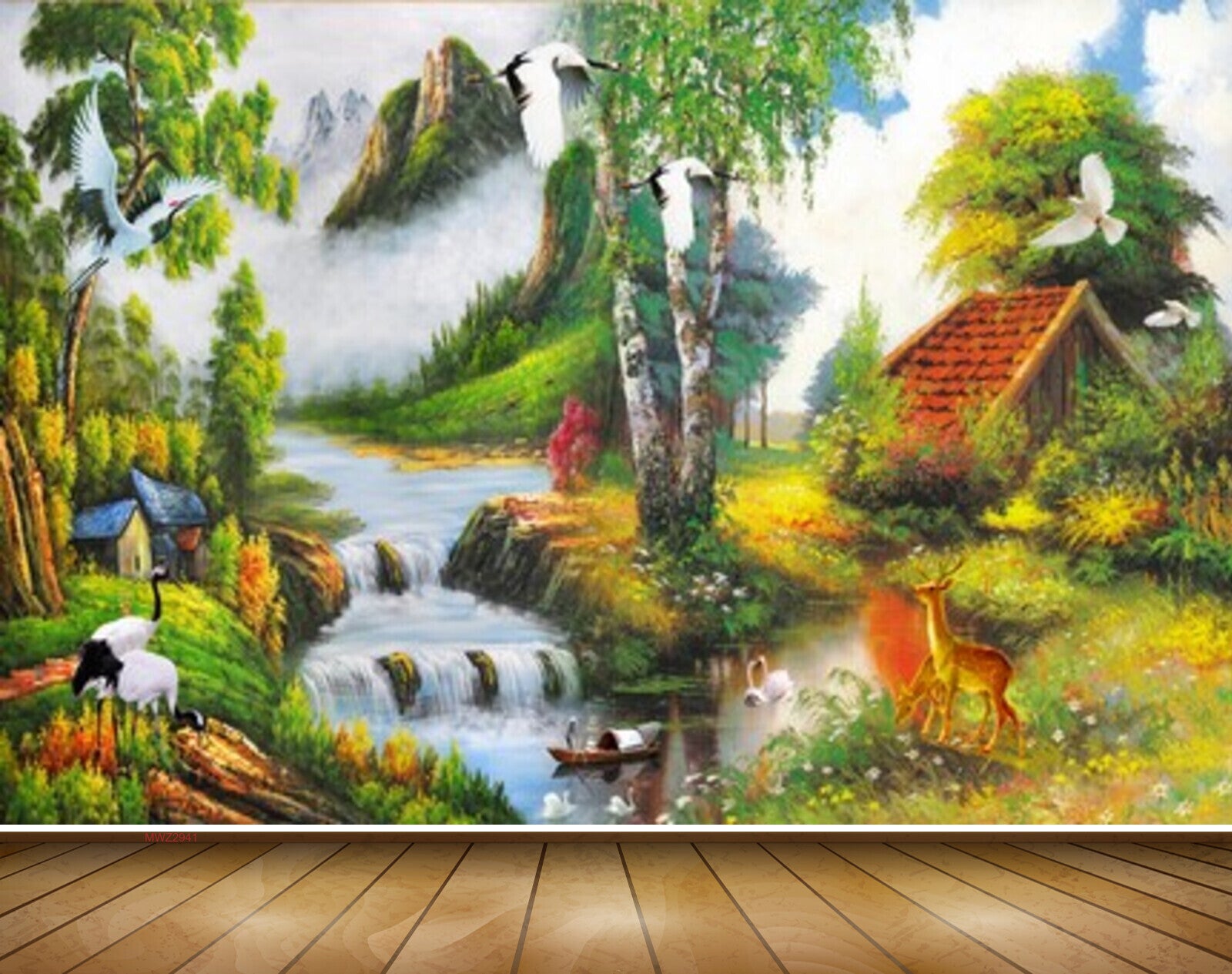 Avikalp MWZ2941 Birds Mountains House Waterfalls Cranes Trees Deer River Pond Water Grass Ducks Plants Boat Painting HD Wallpaper