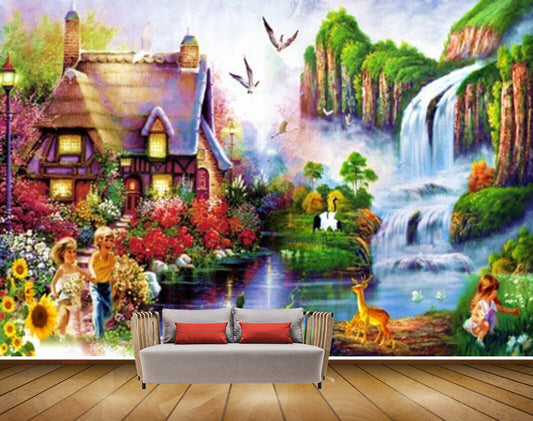 Avikalp MWZ2943 Mountains House Waterfalls Birds Deer Flowers River Pond Water Boat Kids Grass Plants Ducks Painting HD Wallpaper