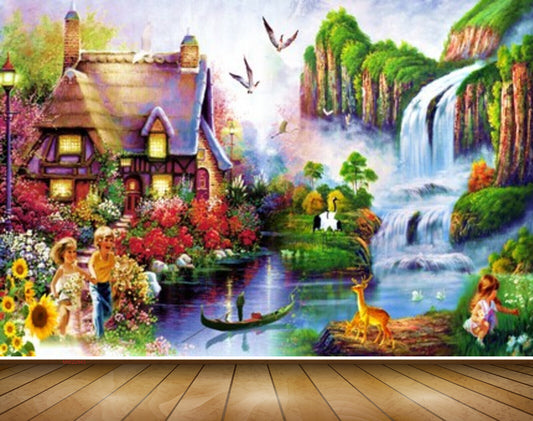 Avikalp MWZ2943 Mountains House Waterfalls Birds Deer Flowers River Pond Water Boat Kids Grass Plants Ducks Painting HD Wallpaper