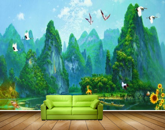 Avikalp MWZ2944 Clouds Mountains Birds Trees Sunflowers Deers Ducks Boats River Lake Water Butterfly Painting HD Wallpaper