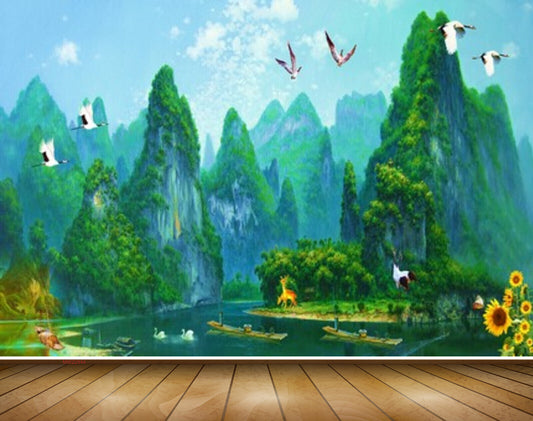Avikalp MWZ2944 Clouds Mountains Birds Trees Sunflowers Deers Ducks Boats River Lake Water Butterfly Painting HD Wallpaper