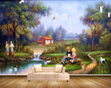 Avikalp MWZ2945 Birds Trees House People Grass Cranes Birds Off Road Lake River Pond Water Ducks Kids Painting HD Wallpaper