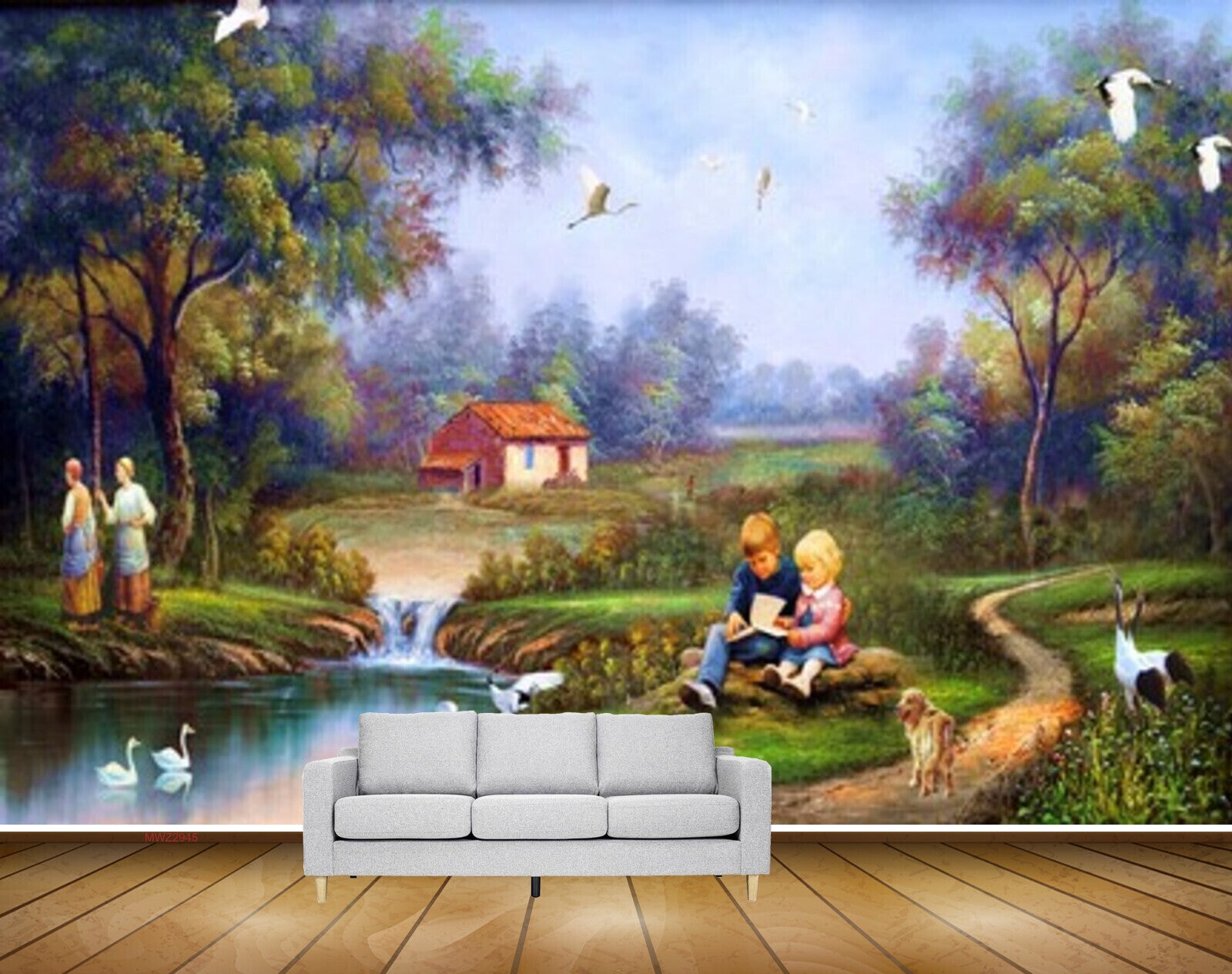 Avikalp MWZ2945 Birds Trees House People Grass Cranes Birds Off Road Lake River Pond Water Ducks Kids Painting HD Wallpaper