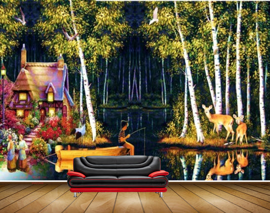 Avikalp MWZ2946 House Trees Deers Boat People Fishing Rod River Pond Lake Water Ducks Cranes Painting HD Wallpaper