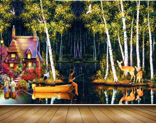 Avikalp MWZ2946 House Trees Deers Boat People Fishing Rod River Pond Lake Water Ducks Cranes Painting HD Wallpaper