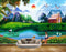 Avikalp MWZ2947 Sun Mountains Clouds Lake River Water Trees House Dog Kids Cranes Boat Ducks Grass Stones Painting HD Wallpaper