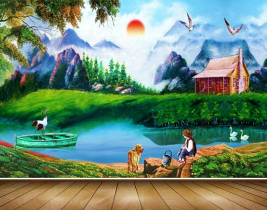 Avikalp MWZ2947 Sun Mountains Clouds Lake River Water Trees House Dog Kids Cranes Boat Ducks Grass Stones Painting HD Wallpaper