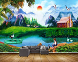 Avikalp MWZ2947 Sun Mountains Clouds Lake River Water Trees House Dog Kids Cranes Boat Ducks Grass Stones Painting HD Wallpaper
