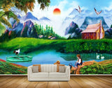 Avikalp MWZ2947 Sun Mountains Clouds Lake River Water Trees House Dog Kids Cranes Boat Ducks Grass Stones Painting HD Wallpaper
