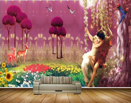 Avikalp MWZ2948 Trees Red Yellow Purple White Flowers Deers Cradle Couples Plants Birds Parrot Painting HD Wallpaper