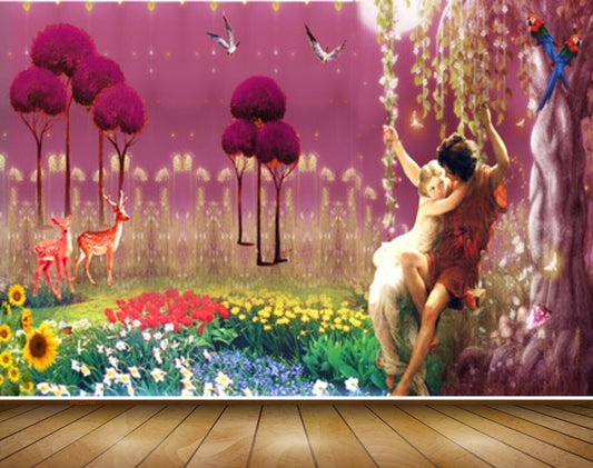 Avikalp MWZ2948 Trees Red Yellow Purple White Flowers Deers Cradle Couples Plants Birds Parrot Painting HD Wallpaper