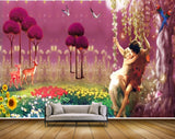 Avikalp MWZ2948 Trees Red Yellow Purple White Flowers Deers Cradle Couples Plants Birds Parrot Painting HD Wallpaper