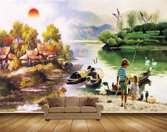 Avikalp MWZ2949 Sun Trees Boats River Lake Water Dog Kids Cranes Houses Grass Painting HD Wallpaper