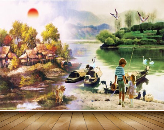 Avikalp MWZ2949 Sun Trees Boats River Lake Water Dog Kids Cranes Houses Grass Painting HD Wallpaper