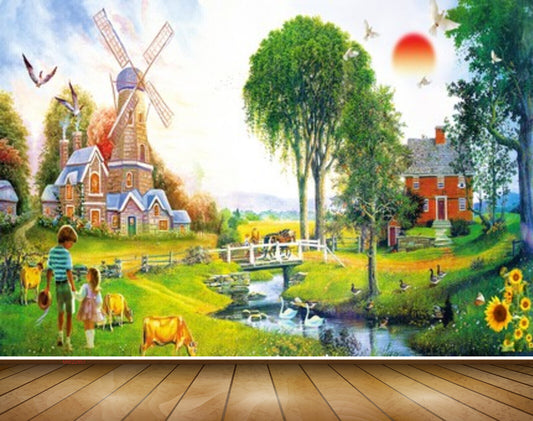 Avikalp MWZ2951 Sun Clouds Wind Fan Birds Trees House Flowers Animals Cow Kids Bridge Grass Plants RIver Lake Pond Water Ducks Painting HD Wallpaper