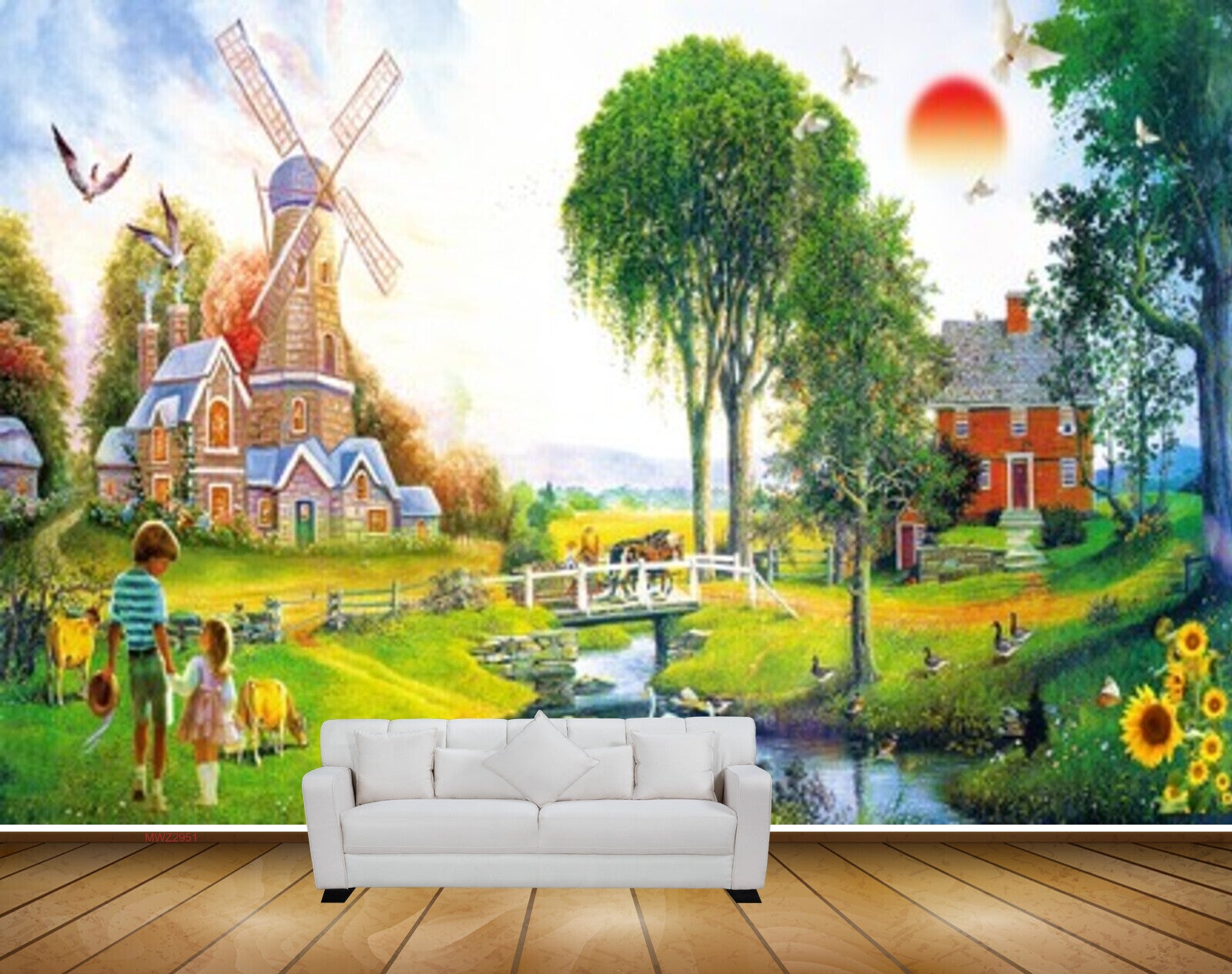 Avikalp MWZ2951 Sun Clouds Wind Fan Birds Trees House Flowers Animals Cow Kids Bridge Grass Plants RIver Lake Pond Water Ducks Painting HD Wallpaper