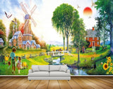 Avikalp MWZ2951 Sun Clouds Wind Fan Birds Trees House Flowers Animals Cow Kids Bridge Grass Plants RIver Lake Pond Water Ducks Painting HD Wallpaper