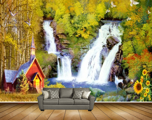 Avikalp MWZ2952 Birds Waterfalls Houses Flowers Cranes River Pond Water Stones Ducks Grass Plants Painting HD Wallpaper