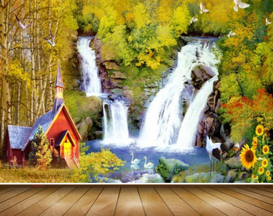 Avikalp MWZ2952 Birds Waterfalls Houses Flowers Cranes River Pond Water Stones Ducks Grass Plants Painting HD Wallpaper