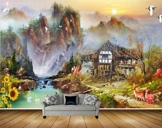 Avikalp MWZ2953 Sun Mountains House Lake River Water Flowers Cranes Deers Boat Ducks Birds Painting HD Wallpaper