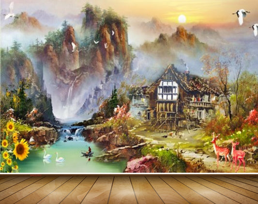 Avikalp MWZ2953 Sun Mountains House Lake River Water Flowers Cranes Deers Boat Ducks Birds Painting HD Wallpaper