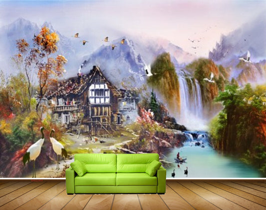 Avikalp MWZ2954 Mountains House Waterfalls Birds Lake River Pond Water Cranes Ducks Boats Painting HD Wallpaper