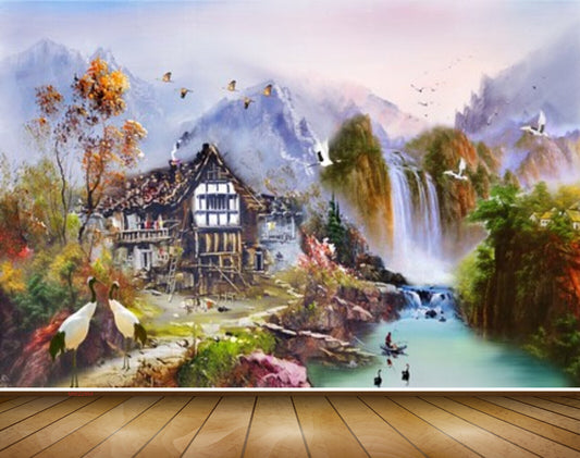Avikalp MWZ2954 Mountains House Waterfalls Birds Lake River Pond Water Cranes Ducks Boats Painting HD Wallpaper