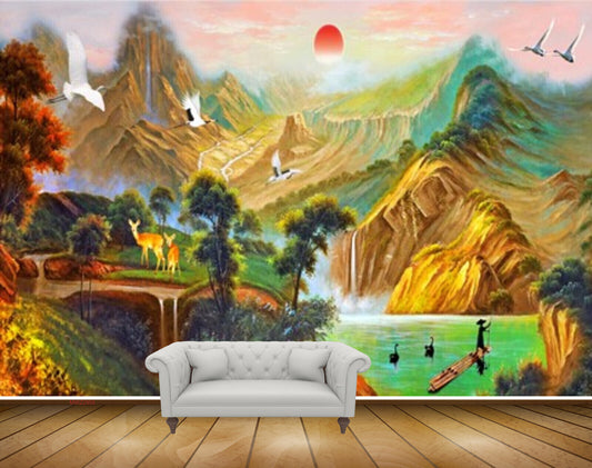 Avikalp MWZ2955 Sun Mountains Birds Deer Lakes River Pond Water Trees Boat Clouds Painting HD Wallpaper