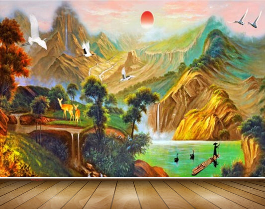 Avikalp MWZ2955 Sun Mountains Birds Deer Lakes River Pond Water Trees Boat Clouds Painting HD Wallpaper