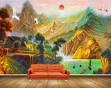 Avikalp MWZ2955 Sun Mountains Birds Deer Lakes River Pond Water Trees Boat Clouds Painting HD Wallpaper