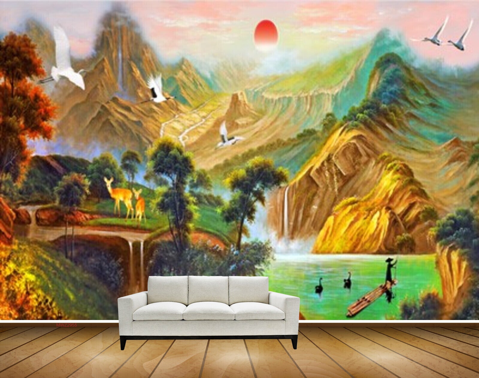 Avikalp MWZ2955 Sun Mountains Birds Deer Lakes River Pond Water Trees Boat Clouds Painting HD Wallpaper