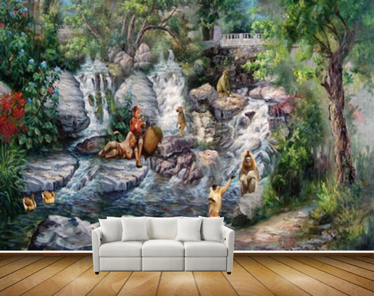 Avikalp MWZ2956 Waterfalls Trees Ducks People Stones Pond River Water Flowers Plants Monkey Painting HD Wallpaper