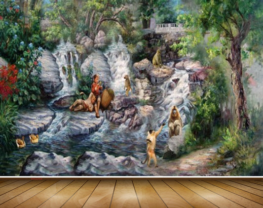 Avikalp MWZ2956 Waterfalls Trees Ducks People Stones Pond River Water Flowers Plants Monkey Painting HD Wallpaper