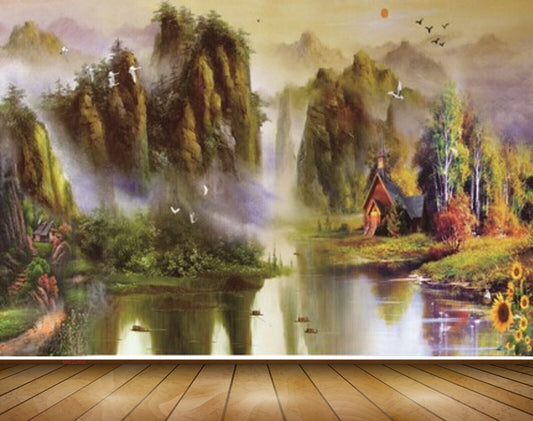 Avikalp MWZ2958 Sun Mounatins Birds  Trees Birds River Pond Lake Water Flowers Grass Plants Painting HD Wallpaper