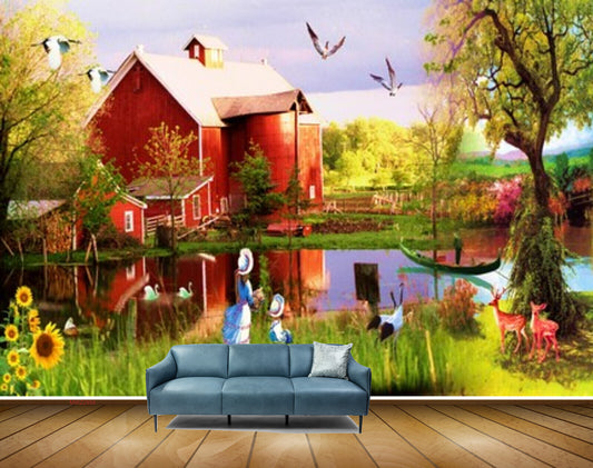 Avikalp MWZ2959 House Birds Trees Flowers Grass People Plants Deers Boat Ducks Cranes Lake River Pond Water Painting HD Wallpaper