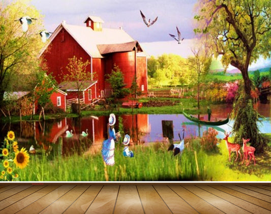 Avikalp MWZ2959 House Birds Trees Flowers Grass People Plants Deers Boat Ducks Cranes Lake River Pond Water Painting HD Wallpaper