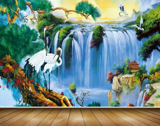Avikalp MWZ2960 Waterfalls Cranes Trees Flowers House Plants Pond River Water Painting HD Wallpaper