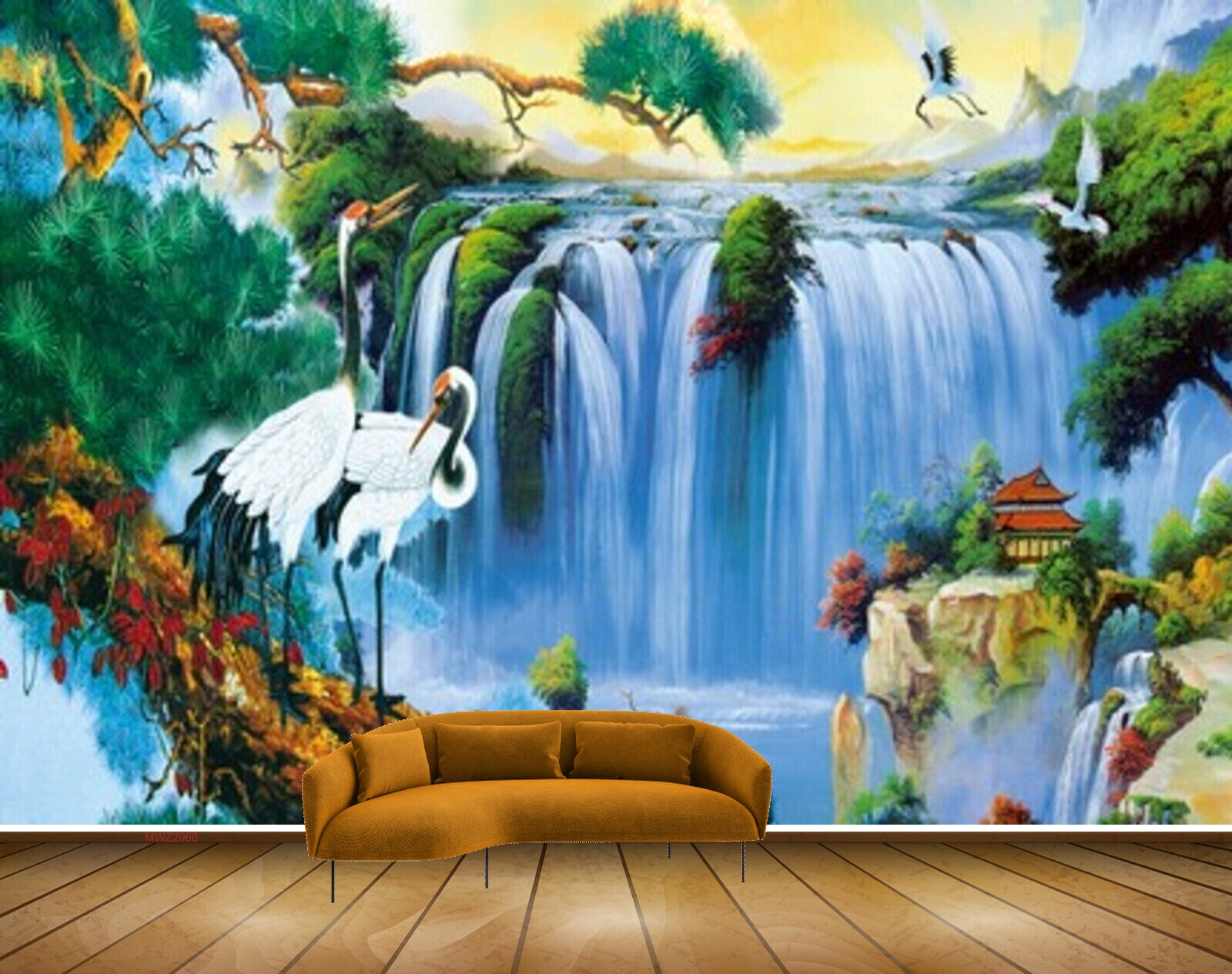 Avikalp MWZ2960 Waterfalls Cranes Trees Flowers House Plants Pond River Water Painting HD Wallpaper